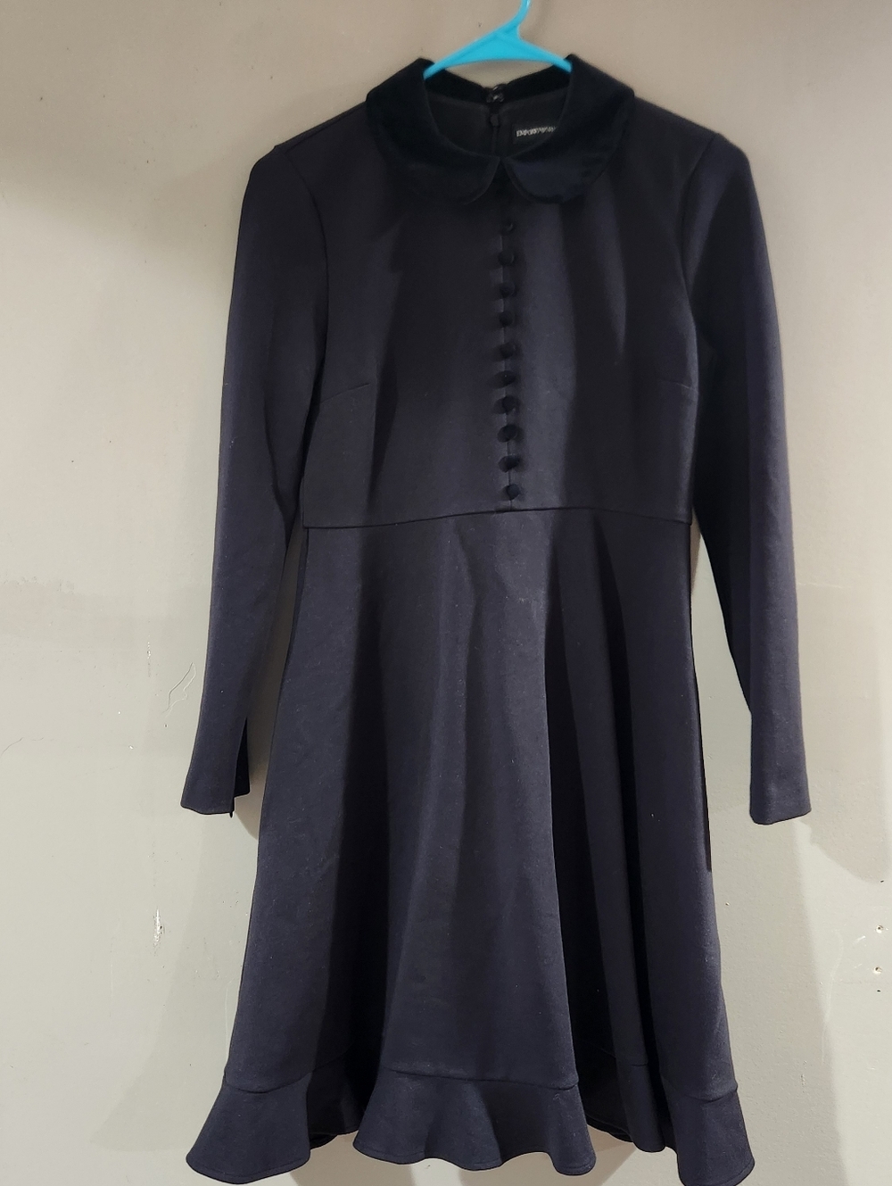 Emporio Armani Black Dress Buttons Detail Velvet Collar Flared Skirt Sz 40 Goth
